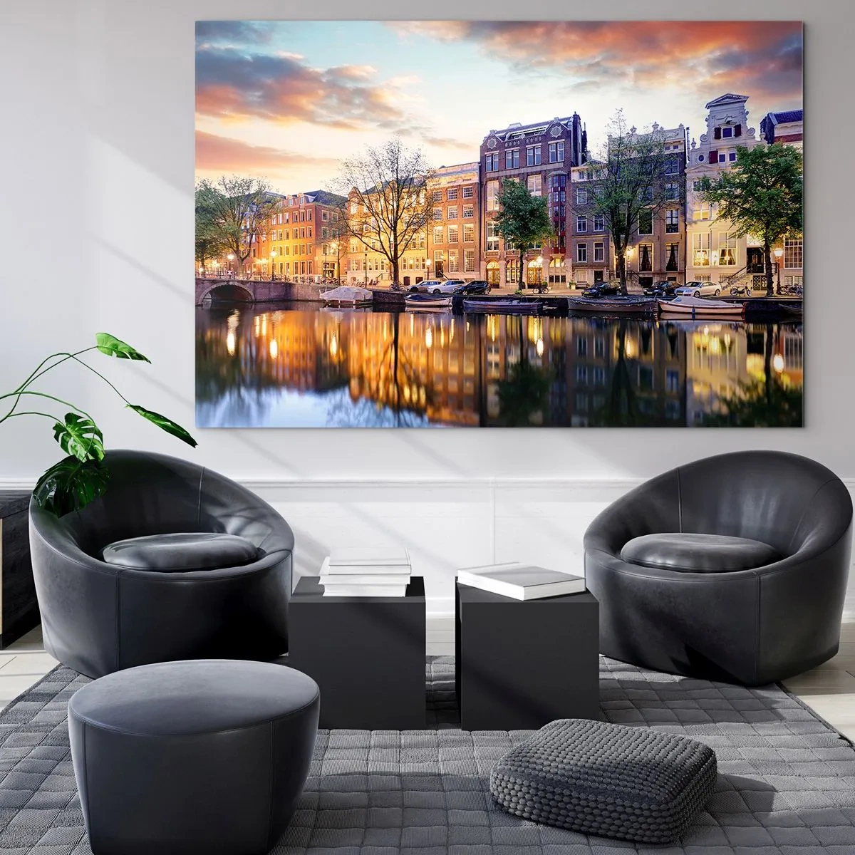 Quadro su vetro - Canale di Amsterdam al tramonto con riflesso nell'acqua - 120x80cm - Bellezza olandese riservata e tranquilla - Decorazione murale moderna per soggiorno e camera da letto ARTTOR