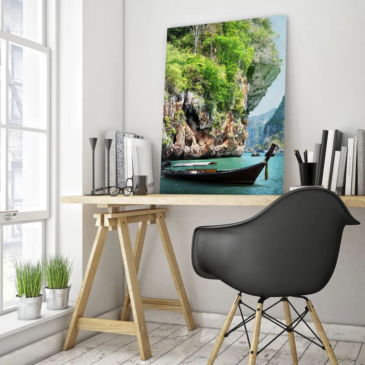 Quadro su vetro - Una barca tradizionale sullo sfondo di scogliere tropicali e acque turchesi - 80x120cm - Invito a un viaggio esotico - Decorazione murale moderna per soggiorno e camera da letto ARTTOR