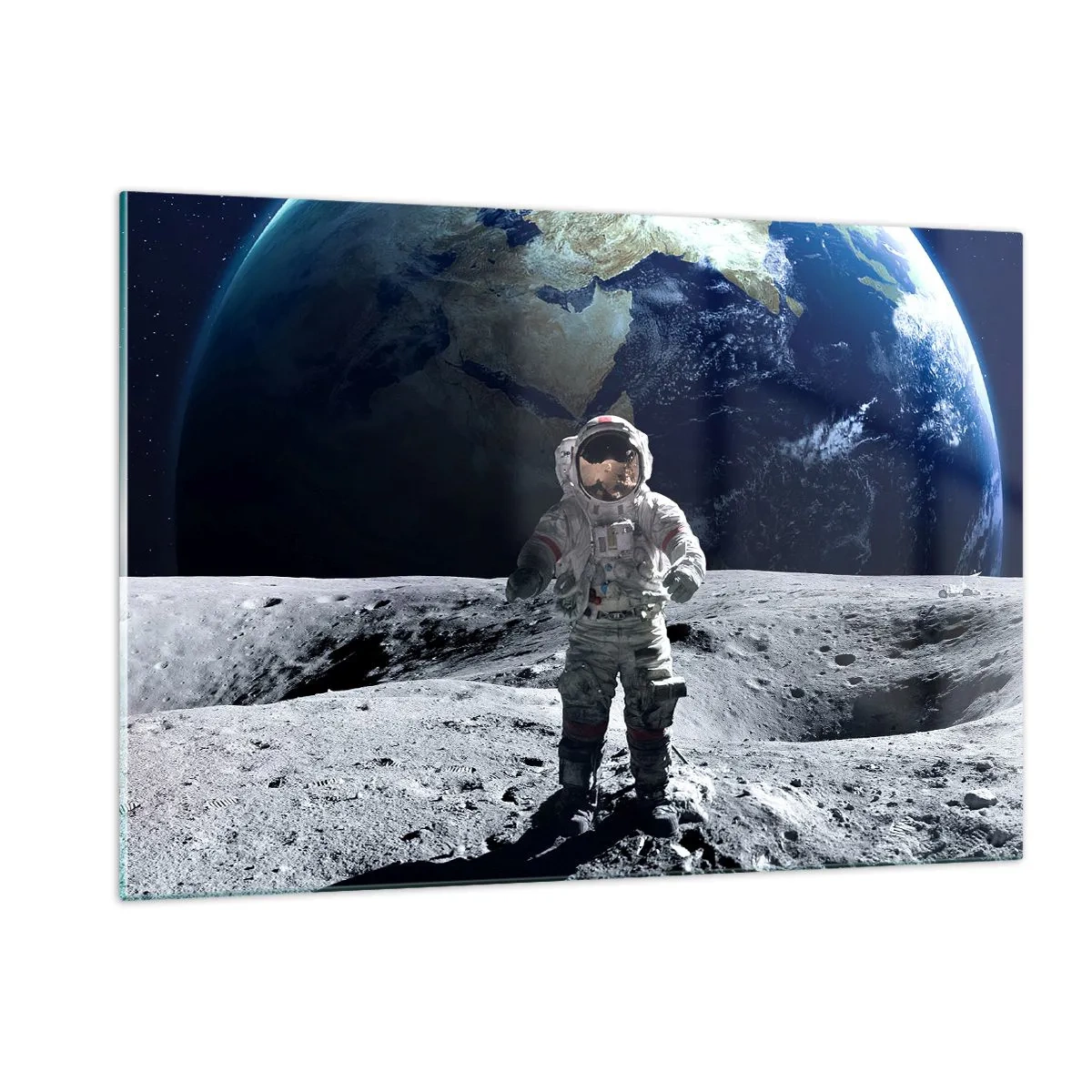 Quadro su vetro - Astronauta sulla superficie della Luna con la Terra sullo sfondo - 120x80cm - Saluti dalla luna - Decorazione murale moderna per soggiorno e camera da letto ARTTOR