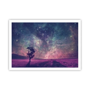Poster - Un albero contro un cielo stellato nei colori viola e blu - 100x70cm - Sotto un cielo magico - Decorazione murale moderna per soggiorno e camera da letto ARTTOR