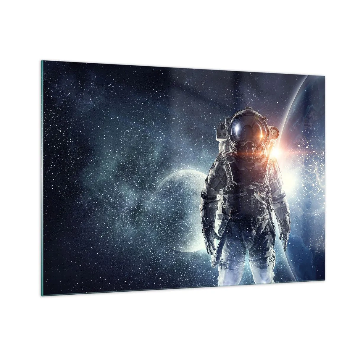Quadro su vetro - Astronauta sullo sfondo di pianeti e stelle - 100x70cm - Avventura nello spazio - Decorazione murale moderna per soggiorno e camera da letto ARTTOR