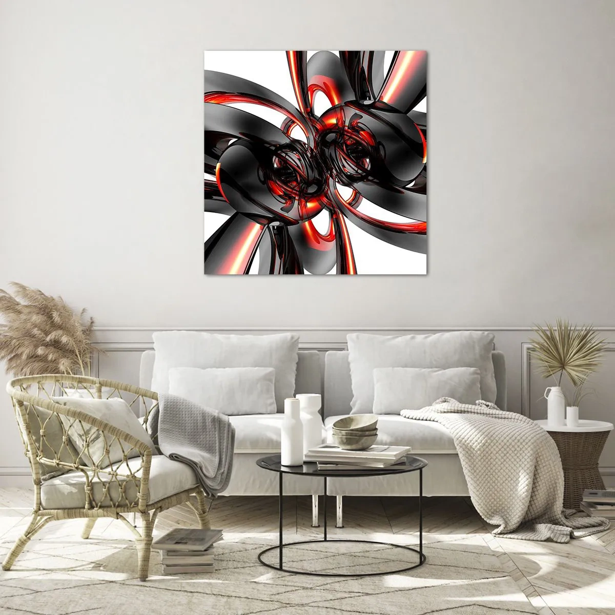 Quadro su vetro - Movimento in grafite e rosso - 60x60 cm