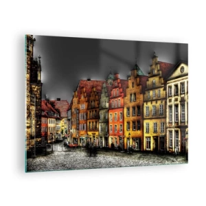 Quadro su vetro - Case popolari colorate sullo sfondo di un cielo nuvoloso - 70x50cm - Manca solo la carrozza magica - Decorazione murale moderna per soggiorno e camera da letto ARTTOR