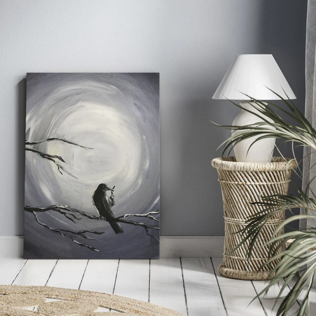 Quadro su tela - Stampe su Tela - Uccello nero su un ramo al chiaro di luna - 50x70cm - Chiave di una notte misteriosa - Decorazione murale moderna per soggiorno e camera da letto ARTTOR