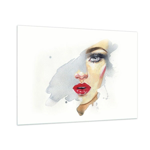 Quadro su vetro - Ritratto ad acquerello di una donna con labbra rosse - 100x70cm - Riflesso in una goccia d'acqua - Decorazione murale moderna per soggiorno e camera da letto ARTTOR