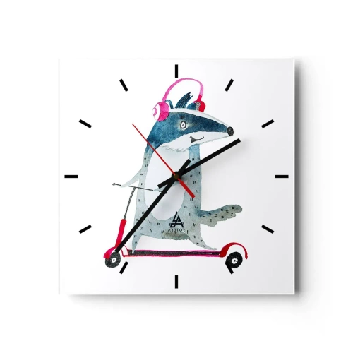 Orologio da parete - Orologio in Vetro - Tasso su uno scooter con cuffie rosa - 30x30cm - Tassi di gioia - Decorazione murale moderna per soggiorno e camera da letto ARTTOR