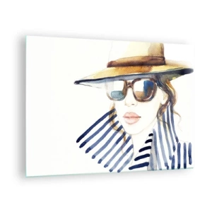 Quadro su vetro - Donna elegante con cappello e occhiali in stile acquerello - 70x50cm - La Florida dà il benvenuto! - Decorazione murale moderna per soggiorno e camera da letto ARTTOR