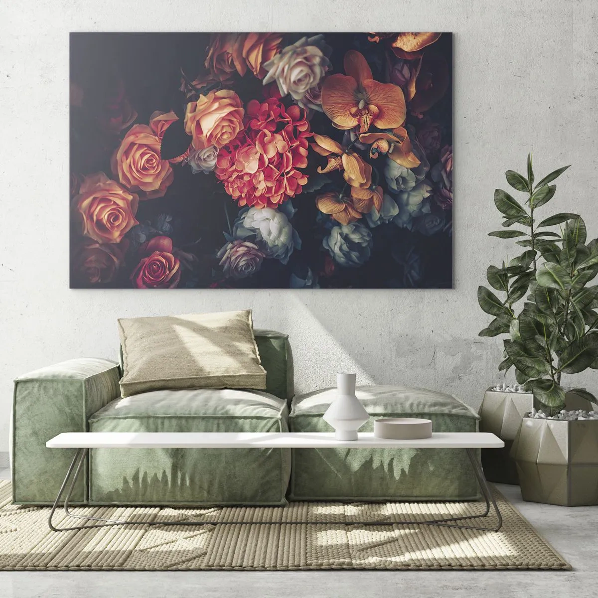 Quadro su vetro - Composizione floreale scura con rose e orchidee - 100x70cm - Come i maestri olandesi - Decorazione murale moderna per soggiorno e camera da letto ARTTOR