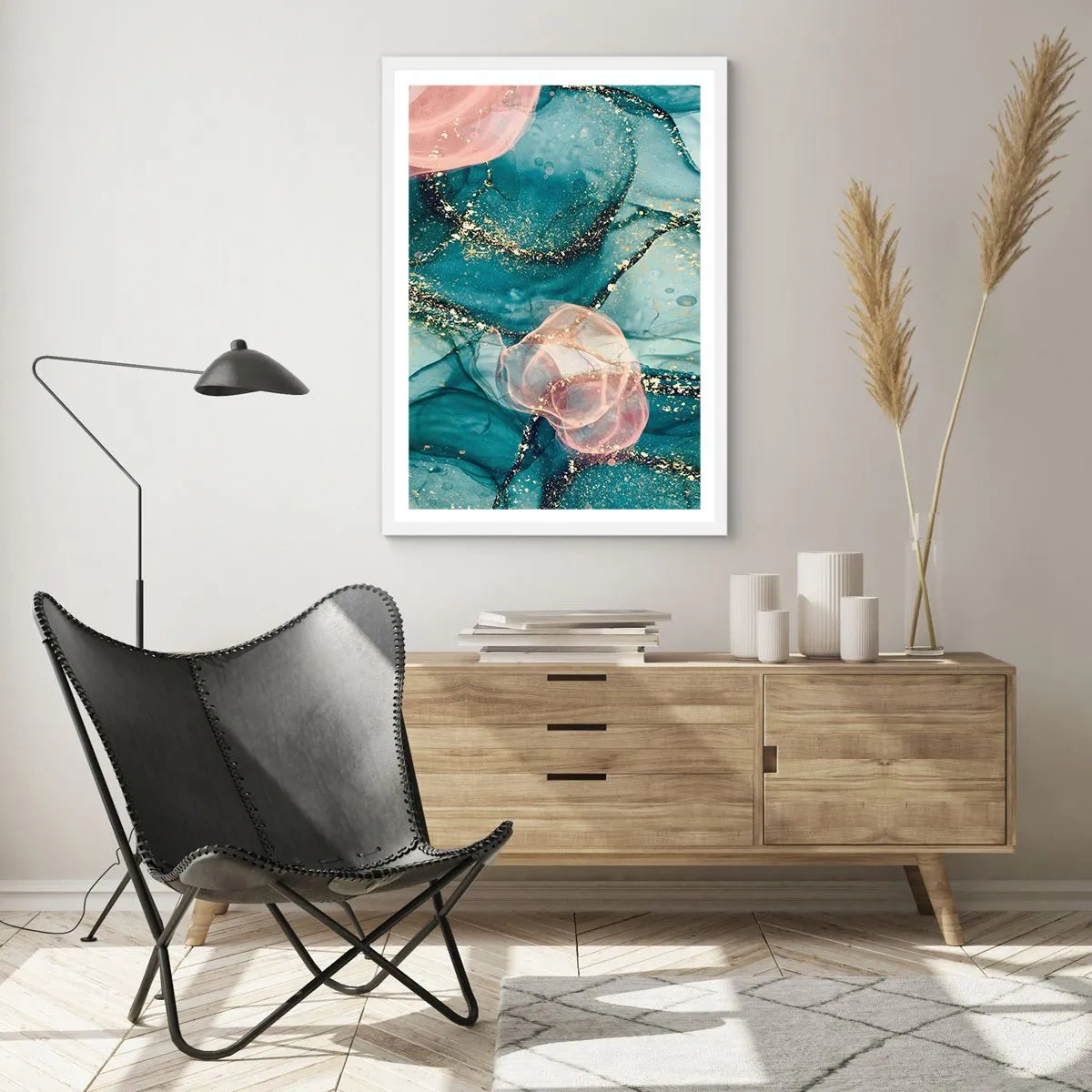 Poster in cornice bianca - Blu di seta, rosa di tulle - 30x40 cm