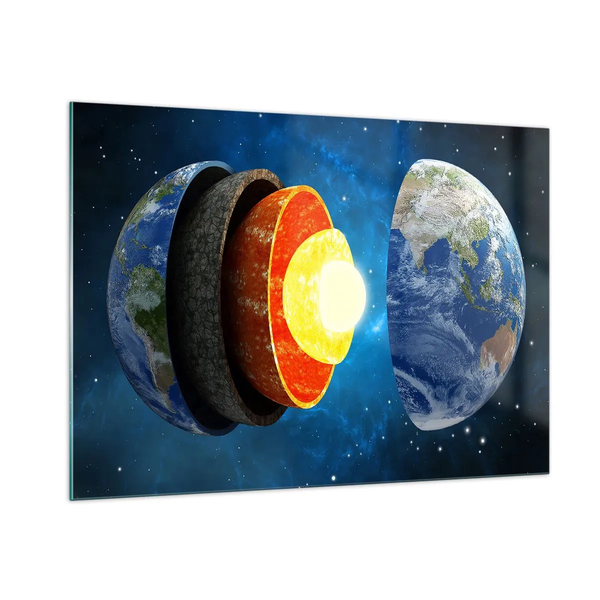 Quadro su vetro - Una sezione trasversale della Terra che mostra i suoi strati sullo sfondo dello spazio. - 100x70cm - Viaggio al centro della terra - Decorazione murale moderna per soggiorno e camera da letto ARTTOR