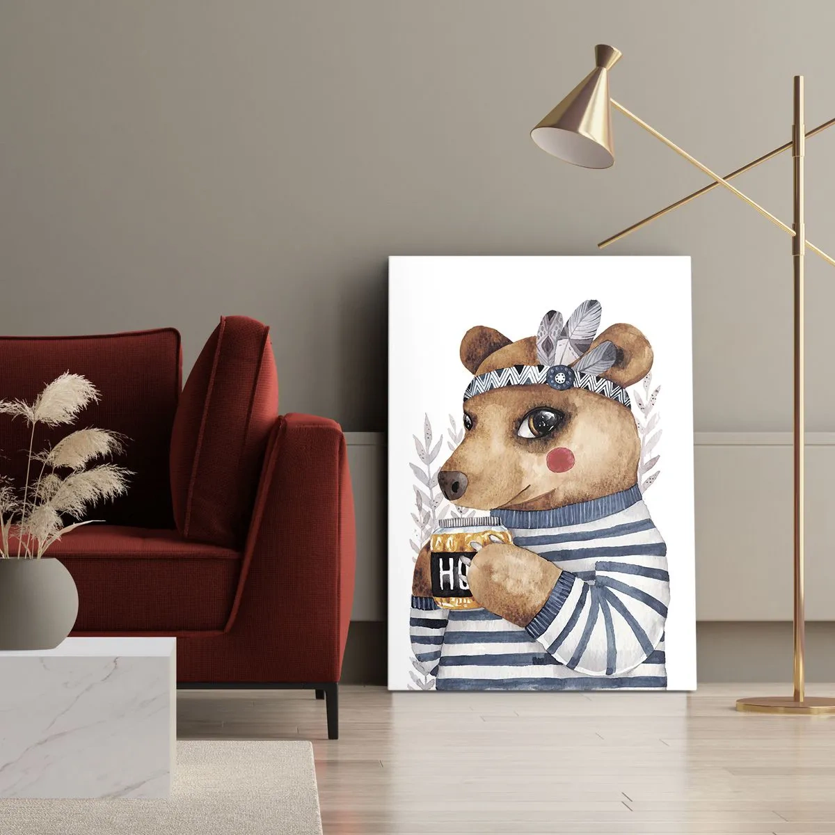 Quadro su tela - Stampe su Tela - Un orsacchiotto con un maglione a righe con una tazza di miele - 50x70cm - Dolce orsetto - Decorazione murale moderna per soggiorno e camera da letto ARTTOR