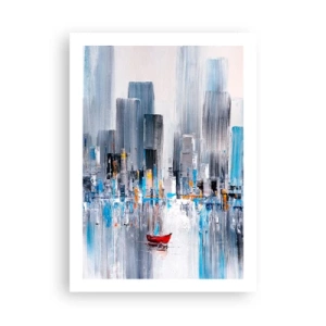 Poster - Un dipinto astratto raffigurante lo skyline di una città sull'acqua con una barca rossa. - 50x70cm - La metropoli sopra al golfo - Decorazione murale moderna per soggiorno e camera da letto ARTTOR