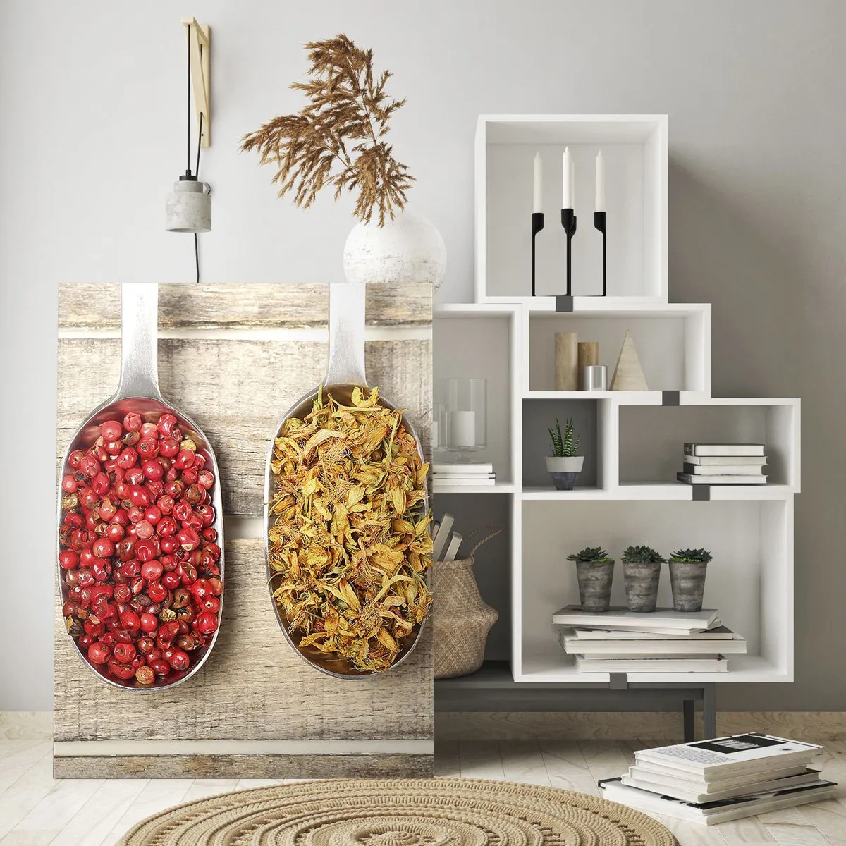 Quadro su vetro - Tre cucchiai con spezie su uno sfondo rustico di legno - 50x70cm - Magia in cucina - Decorazione murale moderna per soggiorno e camera da letto ARTTOR