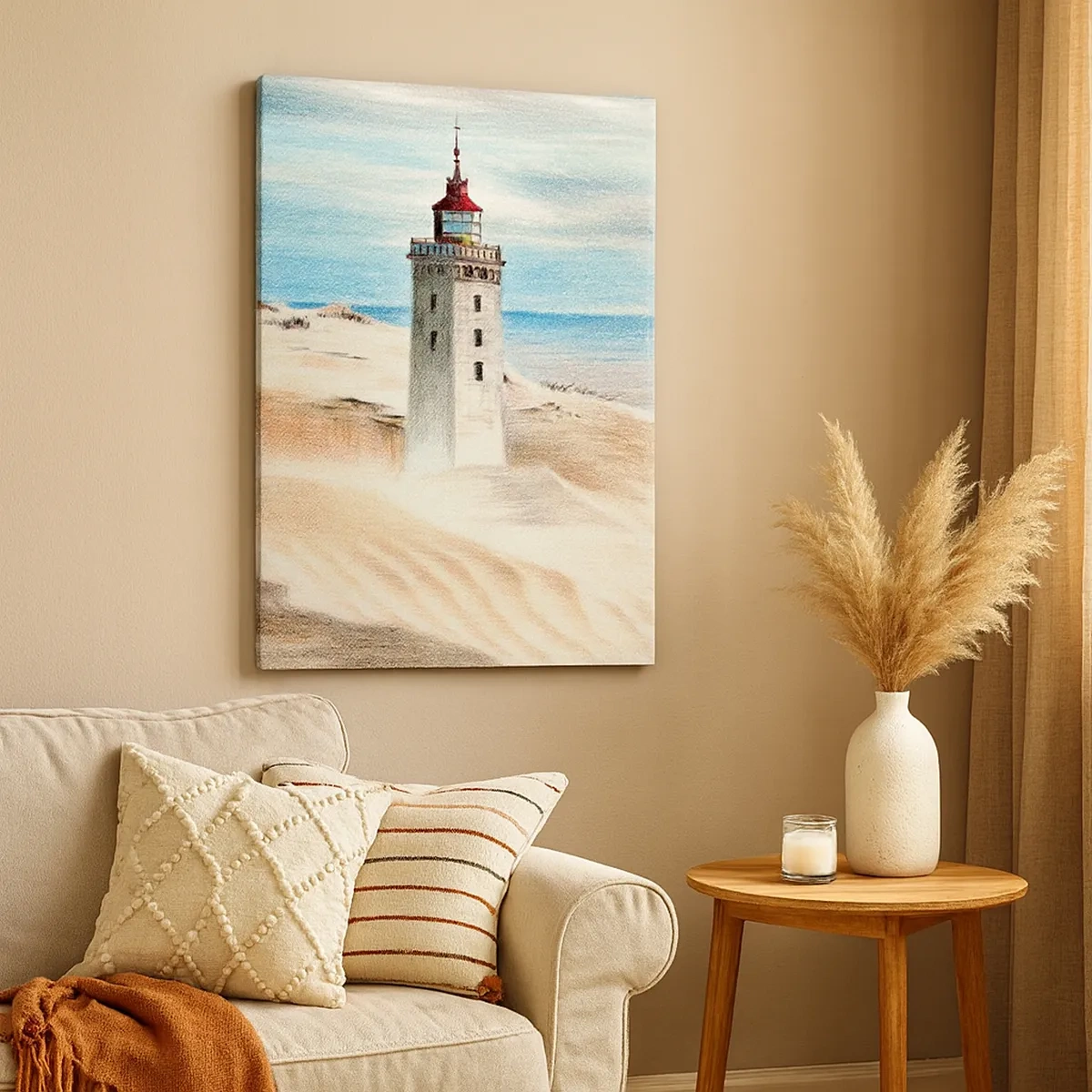 Quadro su tela - Stampe su Tela - Un faro circondato da dune di sabbia e un cielo azzurro - 50x70cm - Sempre guardando il mare - Decorazione murale moderna per soggiorno e camera da letto ARTTOR