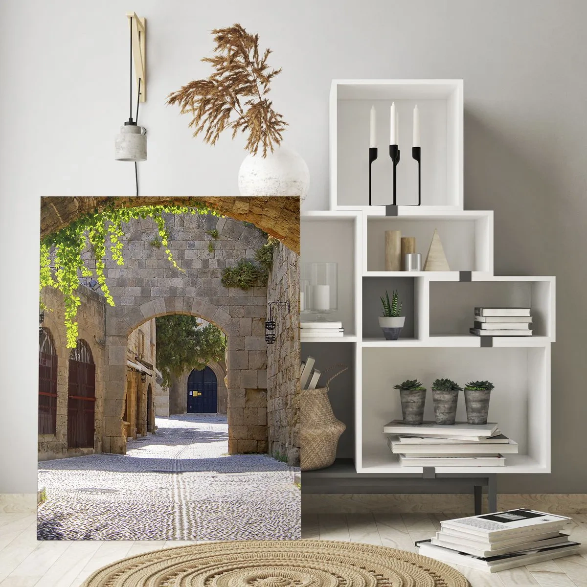 Quadro su vetro - Archi in pietra e strade acciottolate in stile medievale - 80x120cm - Adesso passerà il corteo - Decorazione murale moderna per soggiorno e camera da letto ARTTOR