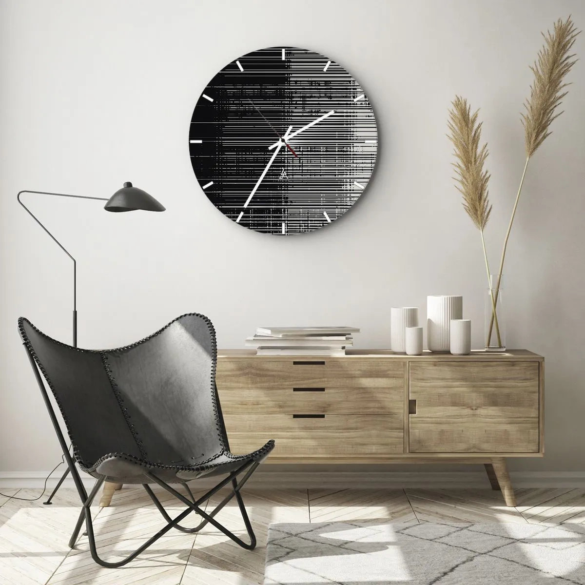 Orologio da parete - Orologio in Vetro - Strisce bianche e nere che creano l'effetto di onde e vibrazioni - 30x30cm - Onde e vibrazioni - Decorazione murale moderna per soggiorno, cucina e camera da letto ARTTOR