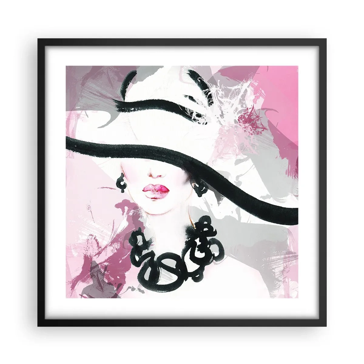 Poster in cornice nera - Ritratto di donna in nero e rosa - 50x50 cm