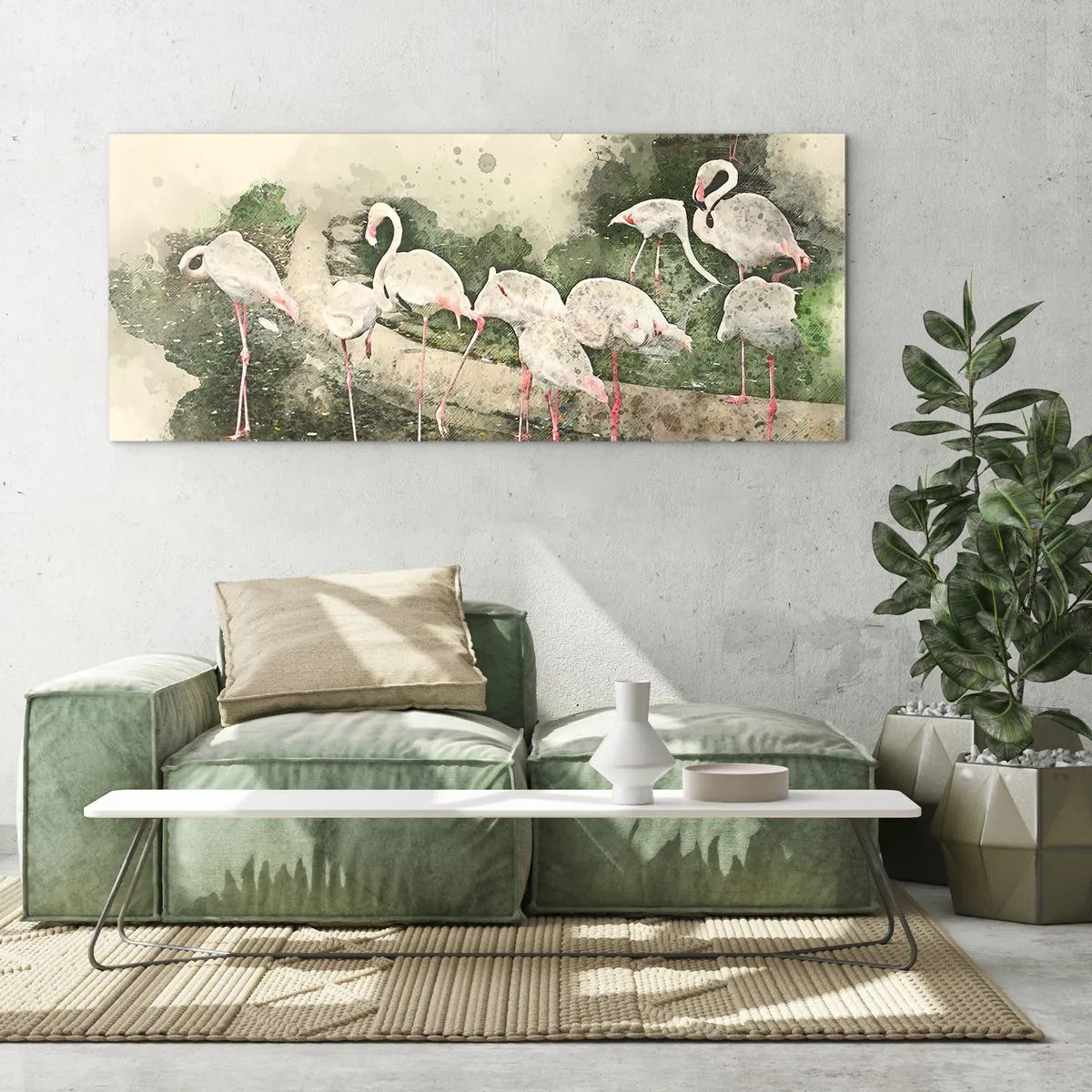 Quadro su vetro - Fenicotteri nel loro ambiente naturale in stile acquerello - 140x50cm - Sogno esotico - Decorazione murale moderna per soggiorno e camera da letto ARTTOR