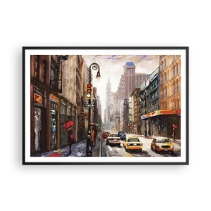 Poster in cornice nera - Paesaggio urbano con una strada e taxi gialli - 100x70cm - New York: colorata anche sotto la pioggia - Decorazione murale moderna per soggiorno e camera da letto ARTTOR