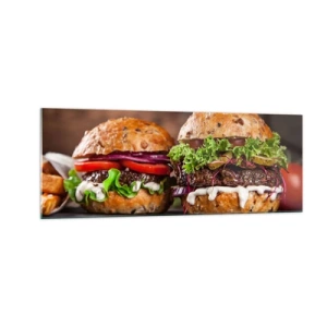 Quadro su vetro - Appetitosi hamburger con verdure e salsa - 140x50cm - American dream - Decorazione murale moderna per soggiorno e camera da letto ARTTOR