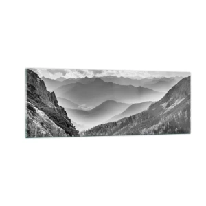 Quadro su vetro - Paesaggio montano in bianco e nero con nuvole sulle cime - 140x50cm - Fino all'orizzonte - Decorazione murale moderna per soggiorno e camera da letto ARTTOR