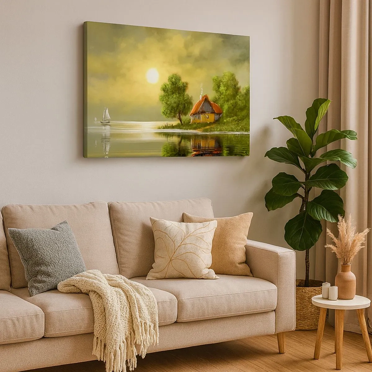 Quadro su tela - Stampe su Tela - Casa sul lago alla luce del tramonto - 70x50cm - Bello come un quadro - Decorazione murale moderna per soggiorno e camera da letto ARTTOR