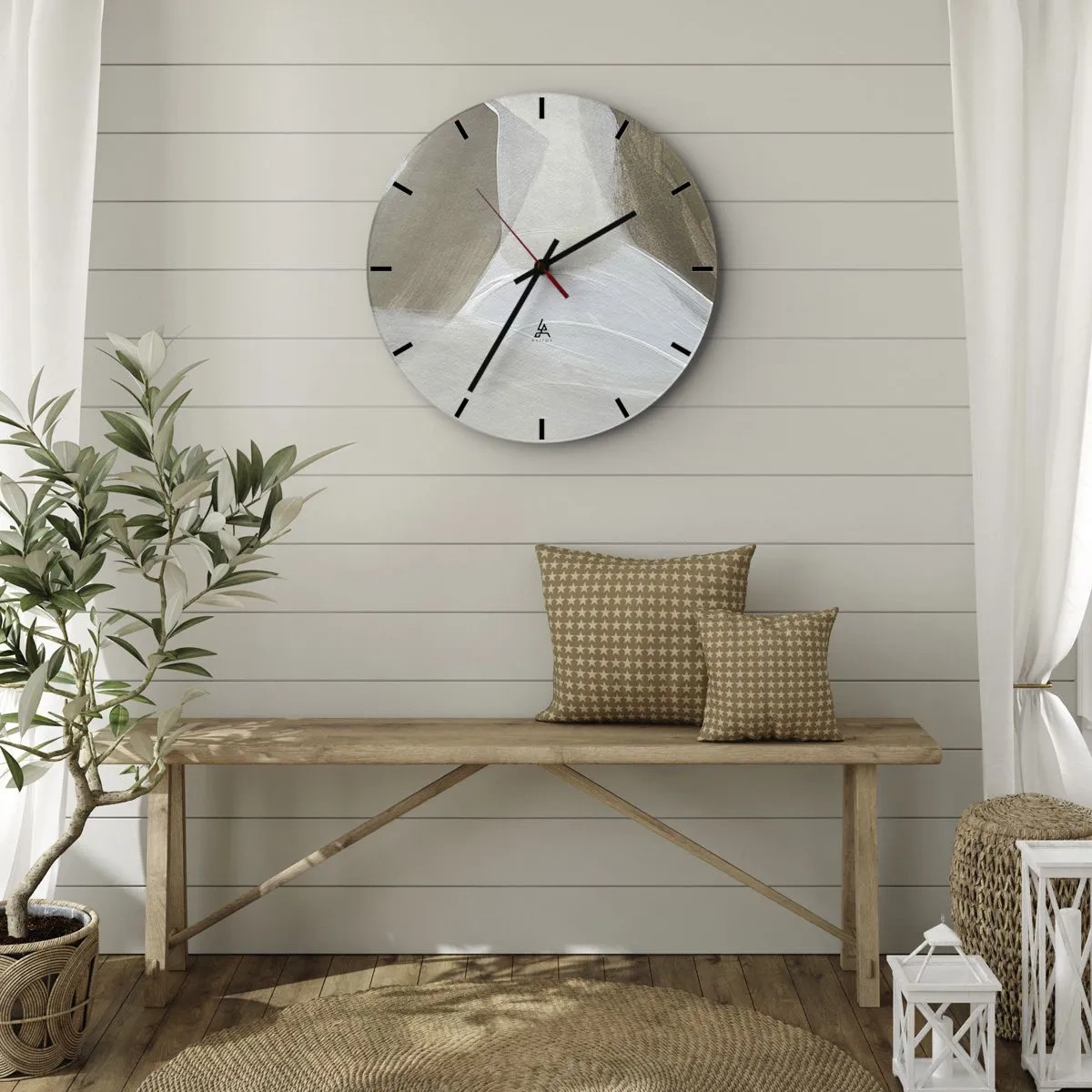 Orologio da parete - Orologio in Vetro - Un'astrazione luminosa con pennellate di bianco e beige su uno sfondo grigio. - 30x30cm - Onda di bianco - Decorazione murale moderna per soggiorno, cucina e camera da letto ARTTOR