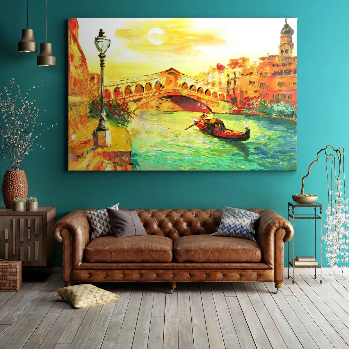 Quadro su tela - Stampe su Tela - Un pittoresco ponte sul canale con una gondola alla luce del sole al tramonto - 70x50cm - Il pellegrinaggio degli innamorati - Decorazione murale moderna per soggiorno e camera da letto ARTTOR
