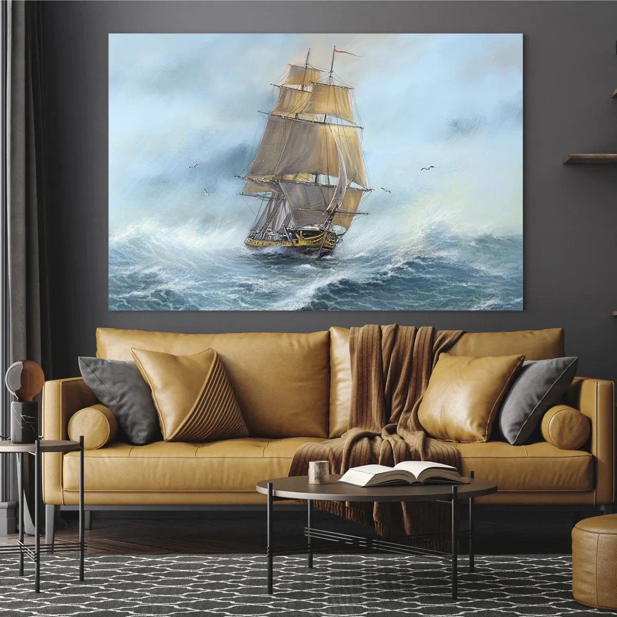Quadro su vetro - Una nave a vela in un mare in tempesta in stile pittorico - 120x80cm - Frangendo i flutti - Decorazione murale moderna per soggiorno e camera da letto ARTTOR