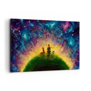 Quadro su tela - Stampe su Tela - Figure su una collina verde circondata da un cielo stellato - 120x80cm - Amore e amicizia: l'intero mondo - Decorazione murale moderna per soggiorno e camera da letto ARTTOR