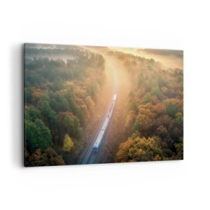 Quadro su tela - Stampe su Tela - Un treno in una foresta autunnale all'alba - 100x70cm - Viaggio autunnale - Decorazione murale moderna per soggiorno e camera da letto ARTTOR