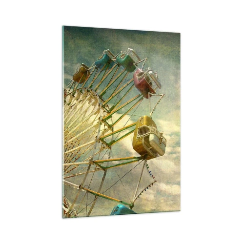 Quadro su vetro - Foto retrò di una ruota panoramica con palme contro il cielo - 70x100cm - Il divertimento comincia... - Decorazione murale moderna per soggiorno e camera da letto ARTTOR