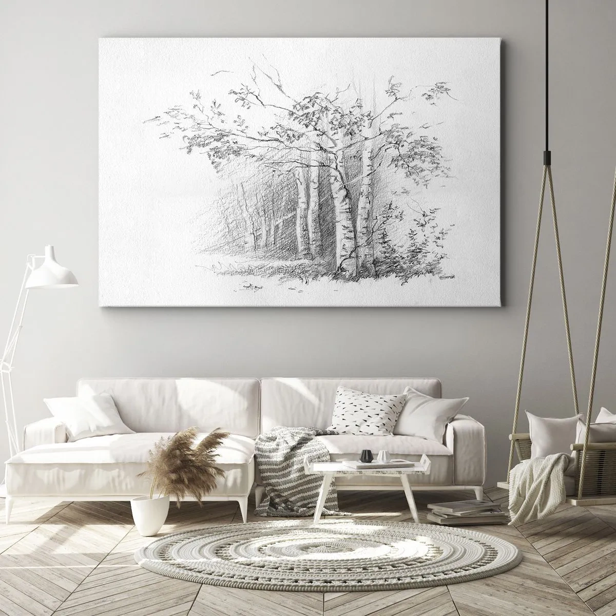 Quadro su tela - Stampe su Tela - Un disegno di una foresta di betulle in un sottile schizzo a matita - 120x80cm - La luce della foresta di betulle - Decorazione murale moderna per soggiorno e camera da letto ARTTOR