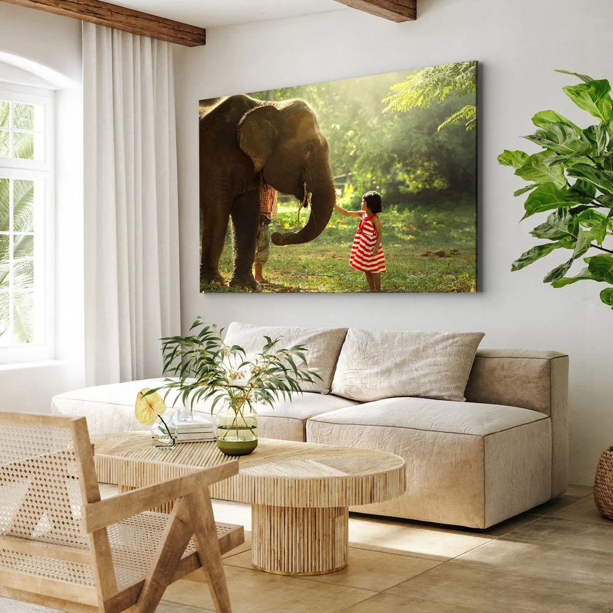 Quadro su tela - Stampe su Tela - Una ragazza con un vestito rosso tocca un elefante nella foresta. - 70x50cm - La forza dell'amicizia - Decorazione murale moderna per soggiorno e camera da letto ARTTOR