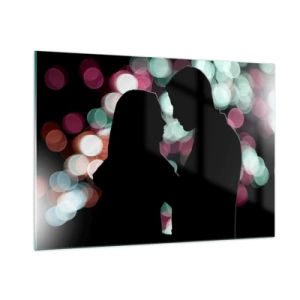 Quadro su vetro - Silhouette di una coppia su uno sfondo di luci bokeh colorate - 100x70cm - Si! - Decorazione murale moderna per soggiorno e camera da letto ARTTOR