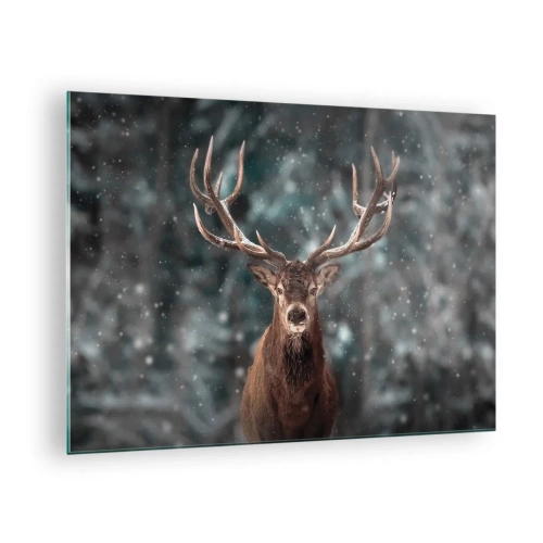 Quadro su vetro - Un cervo fiero in una foresta invernale in mezzo alla neve che cade - 70x50cm - Il re del bosco incoronato - Decorazione murale moderna per soggiorno e camera da letto ARTTOR