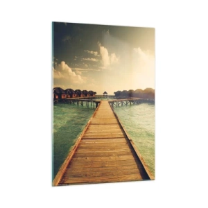 Quadro su vetro - Il molo che conduce ai cottage sul lungomare al tramonto - 50x70cm - Caldo invito - Decorazione murale moderna per soggiorno e camera da letto ARTTOR