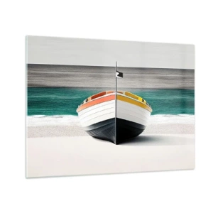 Quadro su vetro - Una barca colorata sulla spiaggia con un mare turchese sullo sfondo - 70x50cm - Al suo posto - Decorazione murale moderna per soggiorno e camera da letto ARTTOR