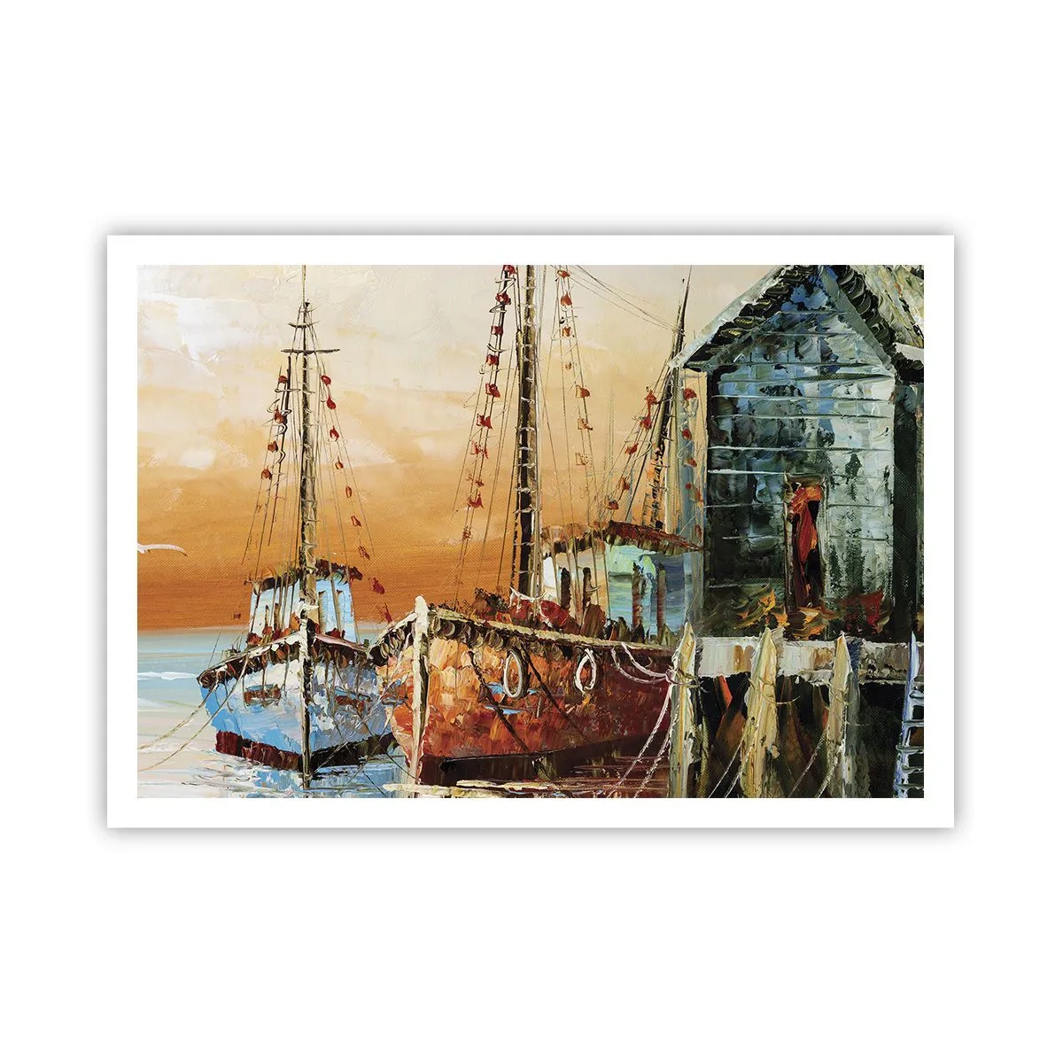 Poster - Barche sulla riva nella calda luce del tramonto - 100x70cm - Ritorno tranquillo - Decorazione murale moderna per soggiorno e camera da letto ARTTOR