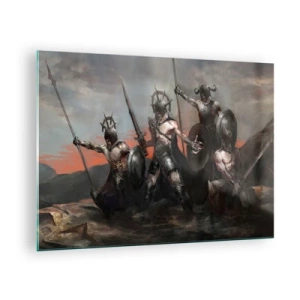 Quadro su vetro - Guerrieri con lance e scudi contro il cielo rosso - 70x50cm - Con lo scudo o sullo scudo - Decorazione murale moderna per soggiorno e camera da letto ARTTOR