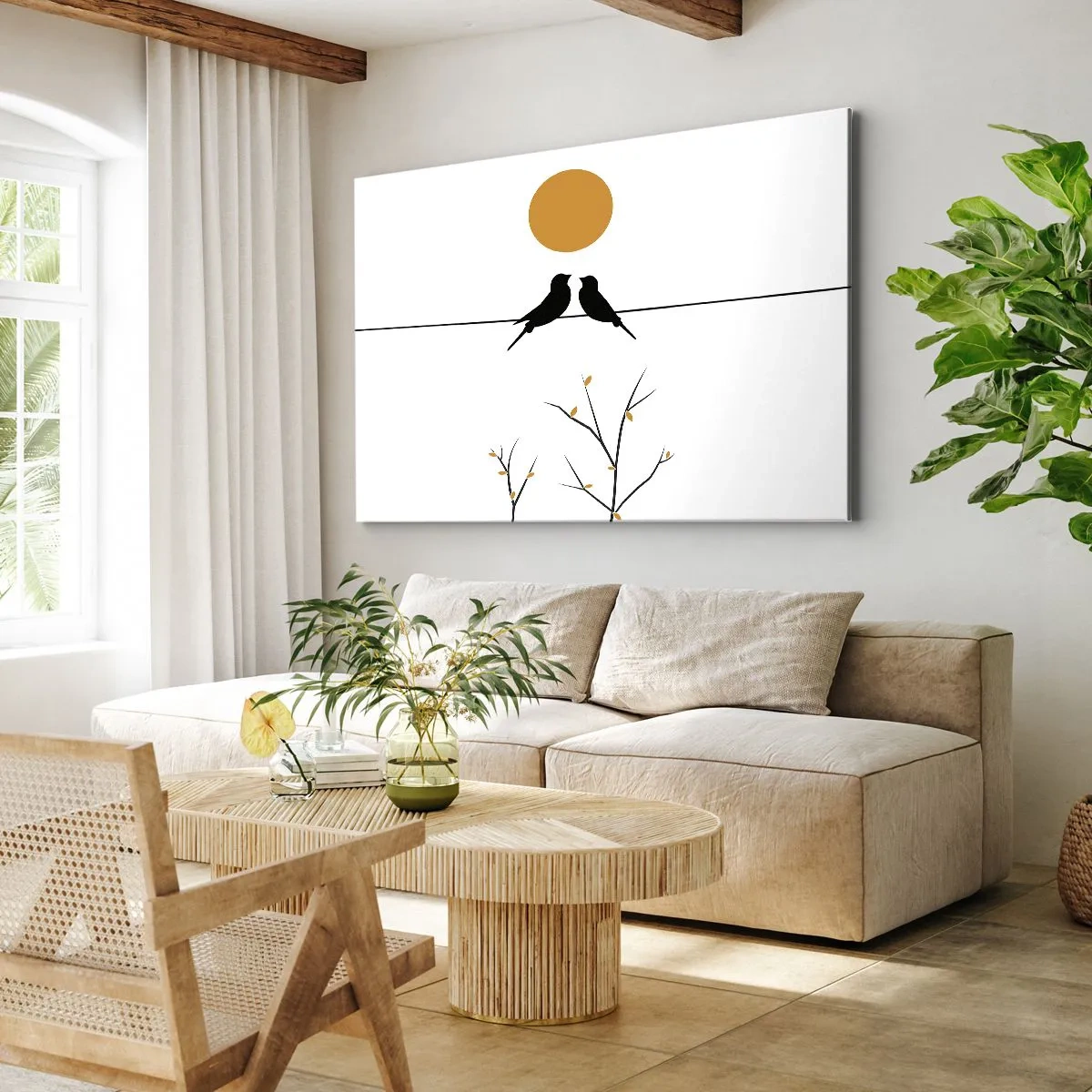 Quadro su tela - Stampe su Tela - Uccelli su una linea con un sole giallo - 70x50cm - Sera da usignoli - Decorazione murale moderna per soggiorno e camera da letto ARTTOR