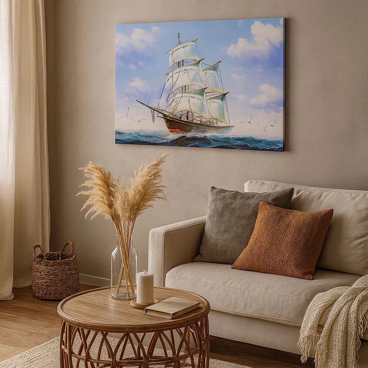 Quadro su tela - Stampe su Tela - Una nave a vela in mare aperto sotto un cielo azzurro - 70x50cm - Con orgoglio nel vento - Decorazione murale moderna per soggiorno e camera da letto ARTTOR
