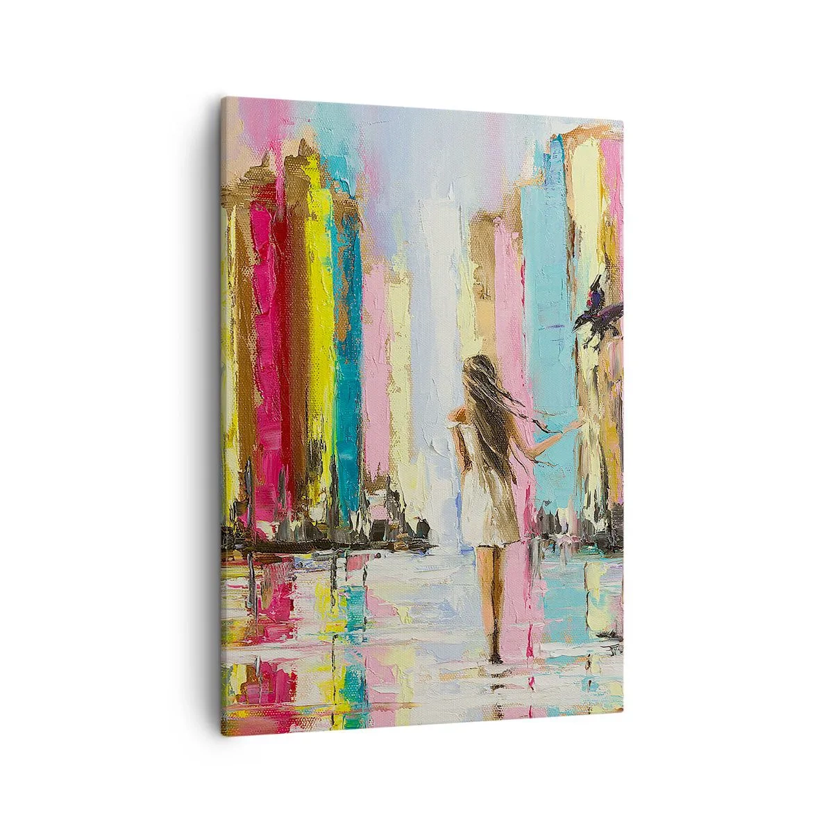 Quadro su tela - Stampe su Tela - Una città colorata e una donna in abito bianco con un uccello - 50x70cm - Seguimi - Decorazione murale moderna per soggiorno e camera da letto ARTTOR