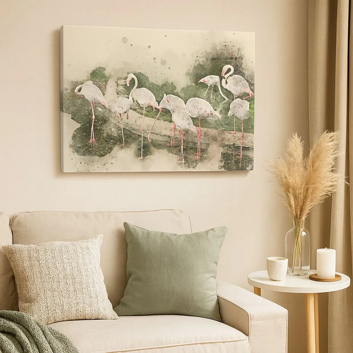 Quadro su tela - Stampe su Tela - Fenicotteri nel loro ambiente naturale in stile acquerello - 70x50cm - Sogno esotico - Decorazione murale moderna per soggiorno e camera da letto ARTTOR