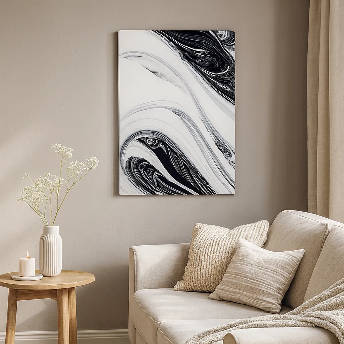 Quadro su tela - Stampe su Tela - Astrazione in bianco e nero con linee dinamiche e vortici - 50x70cm - L'unione degli opposti - Decorazione murale moderna per soggiorno e camera da letto ARTTOR