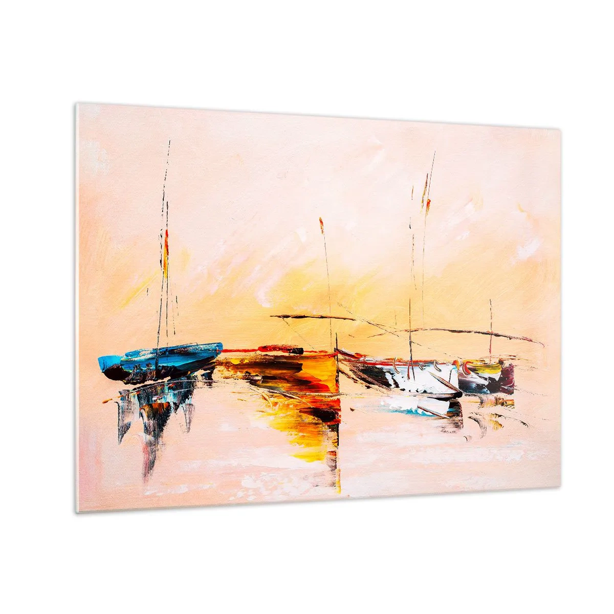 Quadro su vetro - Barche colorate ormeggiate sullo sfondo di un tramonto impressionante - 70x50cm - La sera sul molo - Decorazione murale moderna per soggiorno e camera da letto ARTTOR