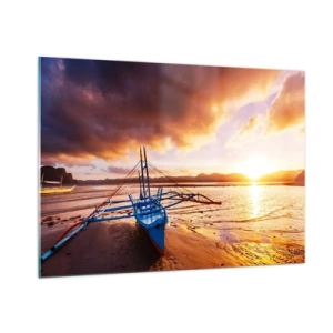 Quadro su vetro - Barca sulla spiaggia al tramonto con un cielo spettacolare - 100x70cm - Riposo sulla sabbia dopo l'intera giornata - Decorazione murale moderna per soggiorno e camera da letto ARTTOR