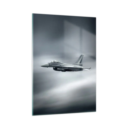 Quadro su vetro - Un aereo da caccia in volo contro un cielo nuvoloso - 50x70cm - Lanci la sfida? - Decorazione murale moderna per soggiorno e camera da letto ARTTOR