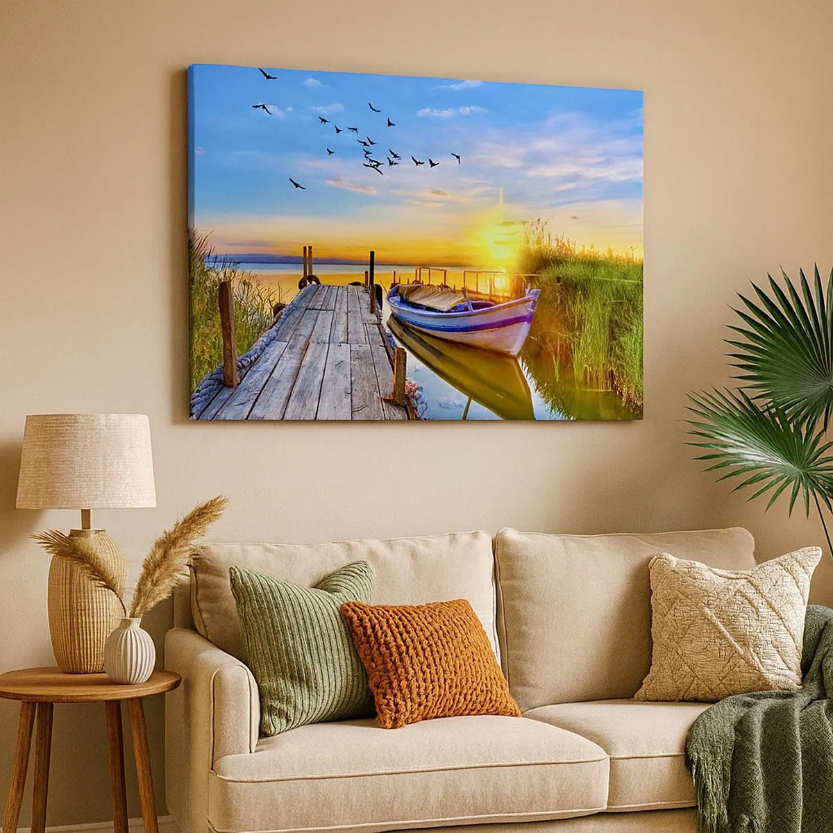 Quadro su tela - Stampe su Tela - Una barca su un molo di legno al tramonto - 70x50cm - A domani - Decorazione murale moderna per soggiorno e camera da letto ARTTOR