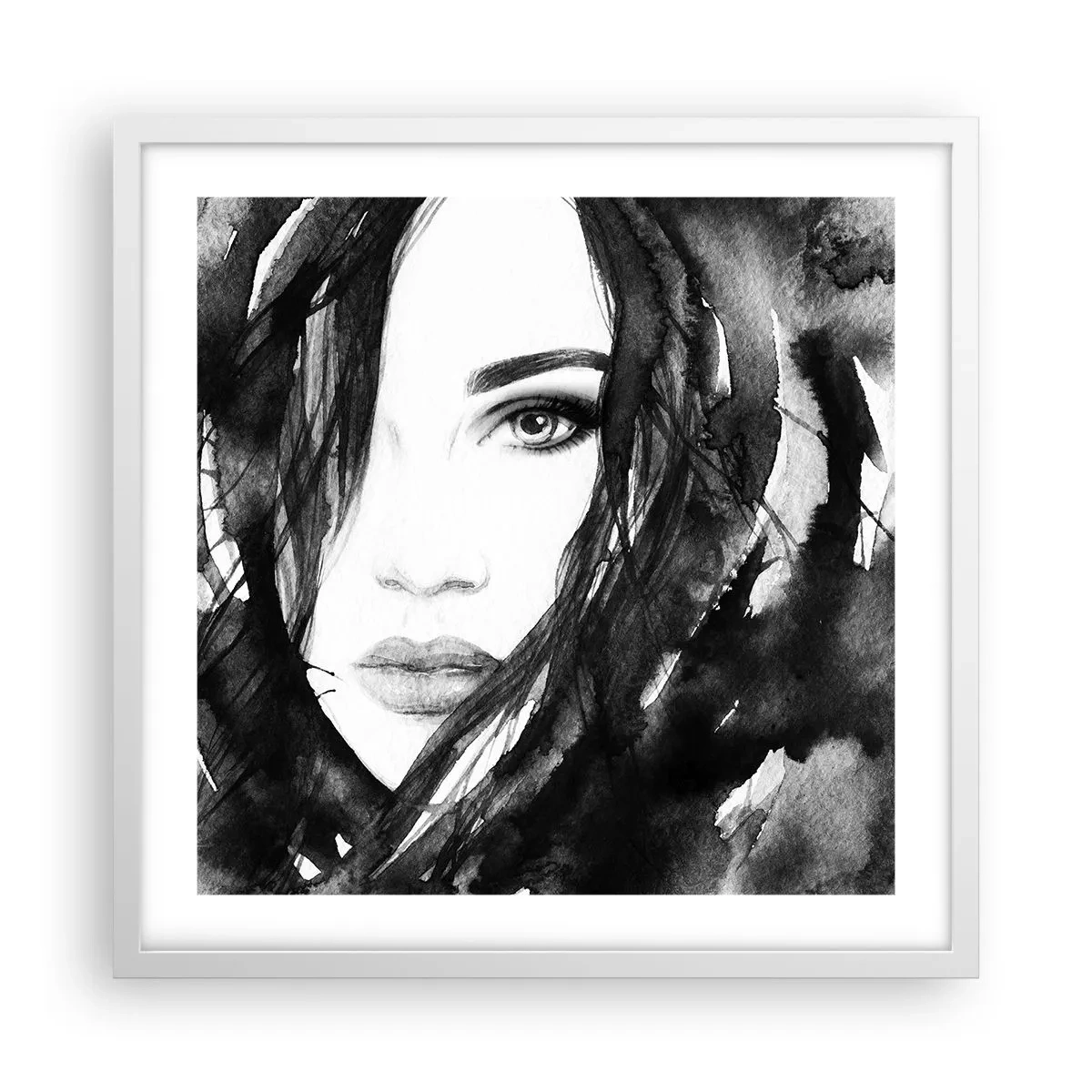 Poster in cornice bianca - Ritratto di donna in bianco e nero - 50x50 cm